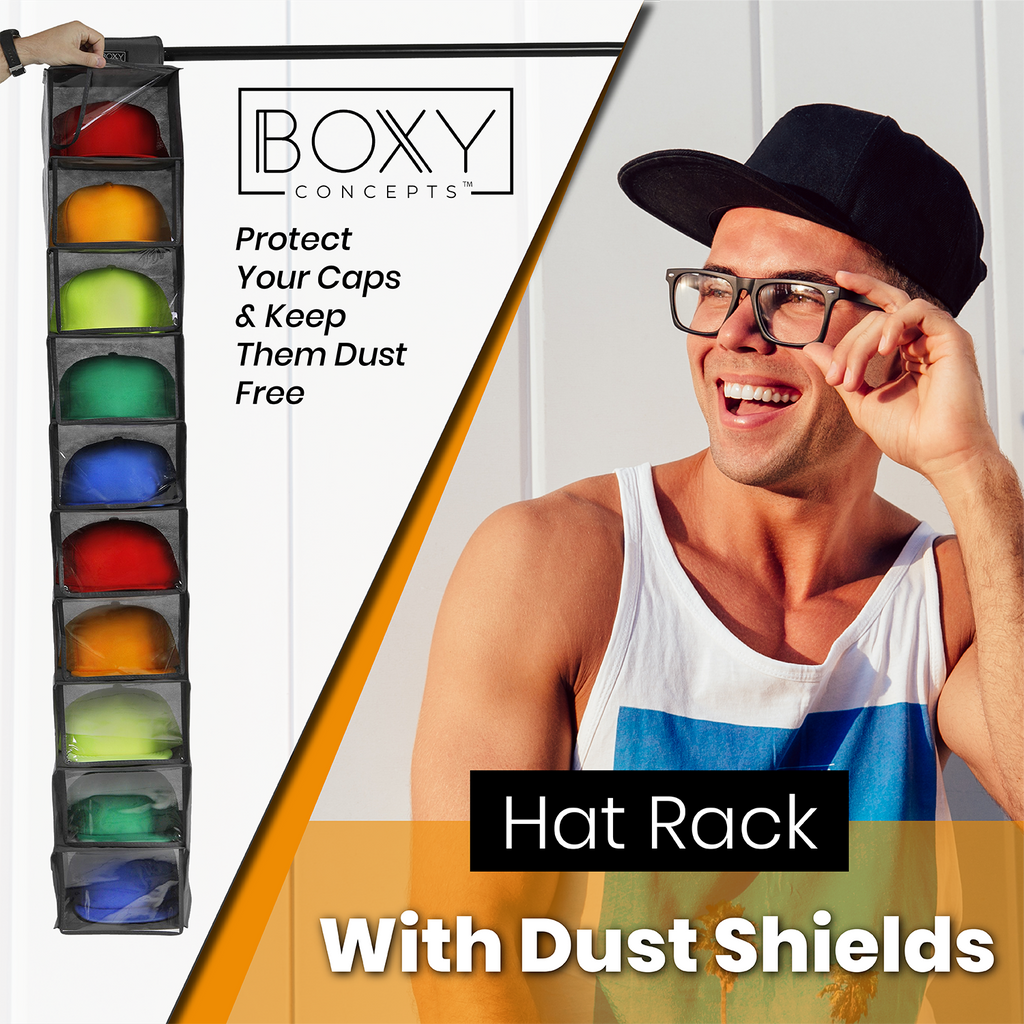 Boxy Concepts Hat Rack with Dust Shield - 10 Shelf Hanging Closet Hat Organizer for Baseball Caps - Hat Storage To Protect Your Caps Shape and Dust Proof Hat Hanger - Baseball Hat Organizer & Hat Holder