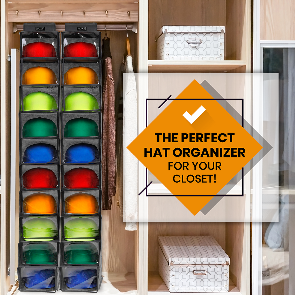 Boxy Concepts Hat Rack with Dust Shield - 10 Shelf Hanging Closet Hat Organizer for Baseball Caps - Hat Storage To Protect Your Caps Shape and Dust Proof Hat Hanger - Baseball Hat Organizer & Hat Holder